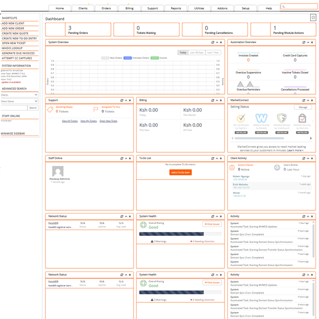 WHMCS Dashboard